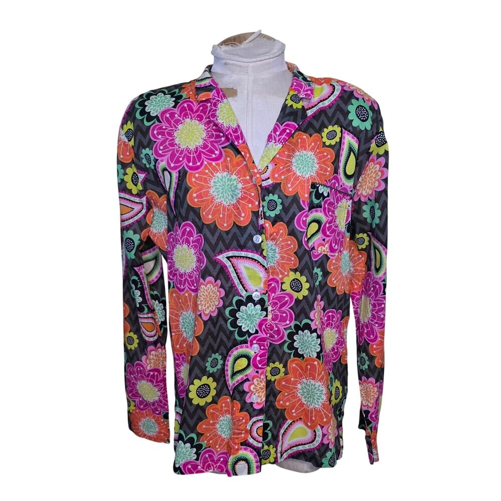 VERA BRADLEY Pajama Top Ziggy Zinnia Paisley Floral Chevron Flip Cuff Women's L